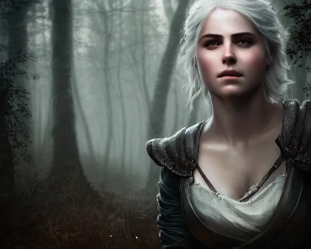 Image similar to 5 5 mm portrait photo of a real life tough looking ciri with a long face scar across her left cheek, in a magical forest. dark atmosphere. art by greg rutkowski. highly detailed 8 k. intricate. lifelike. soft light. nikon d 8 5 0.