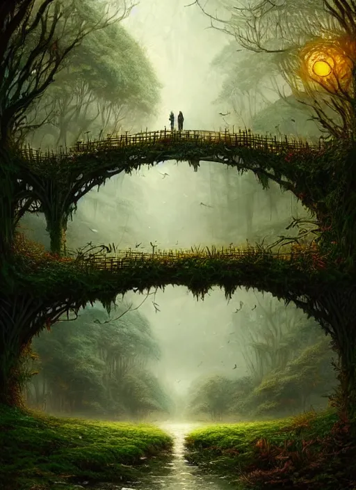 Prompt: book cover!!!!!!!!!!!!, old bridge, ivy leaves graphic vectors at each border, fantasy forest landscape, fantasy magic, light night, intricate, elegant, sharp focus, illustration, highly detailed, digital painting, concept art, matte, art by wlop and artgerm and greg rutkowski, masterpiece