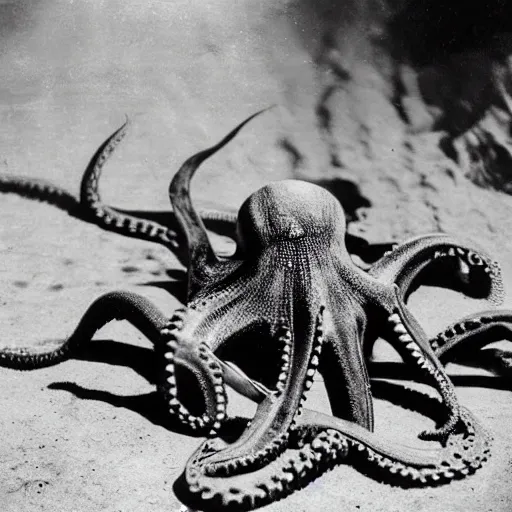 Prompt: vintage photograph of an octopus playing folk blues guitar with its tentacles