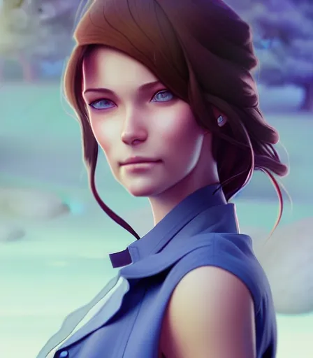 Image similar to drawing of a woman with blue eyes, brown hair and a perfect body, wearing clothes, character design by charlie bowater, ross tran, artgerm, and makoto shinkai, detailed, soft lighting, rendered in octane