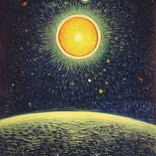 Image similar to stars, solar eclipse, looming over the earth, hdr, hq, painting by gustave dore and vincent van gogh