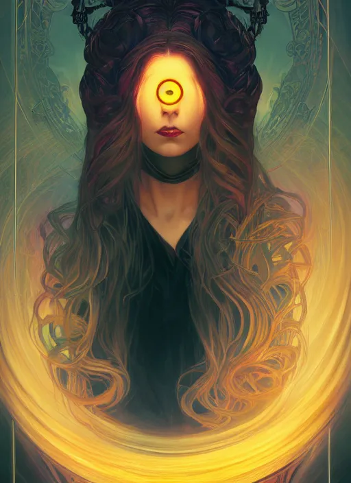 Image similar to book cover, front portrait, dark witch with black hood and evil eyes, realism, soft, smooth, luminescent, art nouveau tarot, backlit glow, colorful swirly ripples, gaudy colors, aesthetic octane render, unreal engine, 8 k, by artgerm, greg rutkowski, alphonse mucha