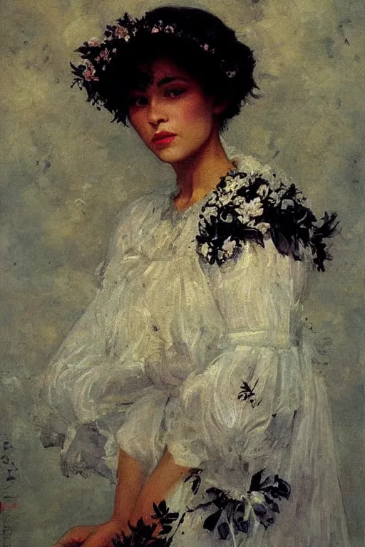 Image similar to close - up fashion black woman portrait airy flowers cloudy sky art by vasnetsov