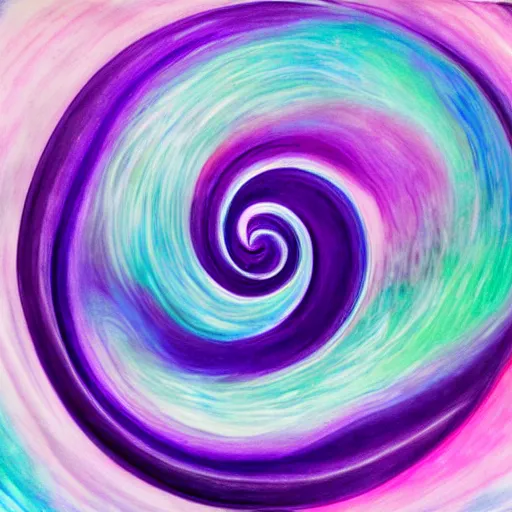 Prompt: abstract acrylic of a spiral vortex, purple magenta blue iridescent colors, dynamic curves, pouring techniques