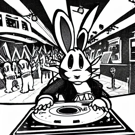 Prompt: cartoon of trix rabbit as a DJ at a rave