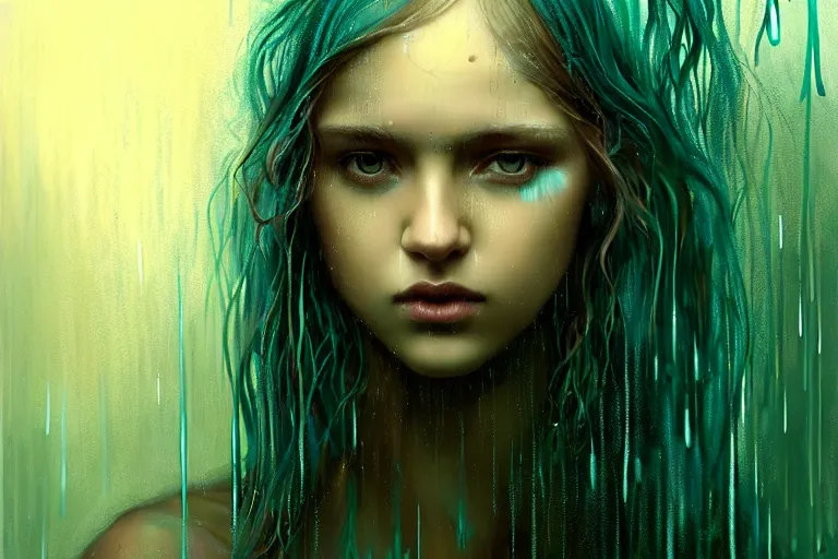 Image similar to girl in rain with wet hair and face, teal, fantasy, intricate, elegant, dramatic lighting, emotionally evoking symbolic metaphor, highly detailed, lifelike, photorealistic, digital painting, artstation, concept art, smooth, sharp focus, illustration, art by John Collier and Albert Aublet and Krenz Cushart and Artem Demura and Alphonse Mucha