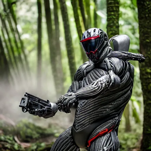 Image similar to close up Crysis Nanosuit shooting at enemies in a devastated burning exploding jungle combat photography 2022, Canon EOS R3, f/1.4, ISO 200, 1/160s, 8K, RAW, unedited, in-frame,