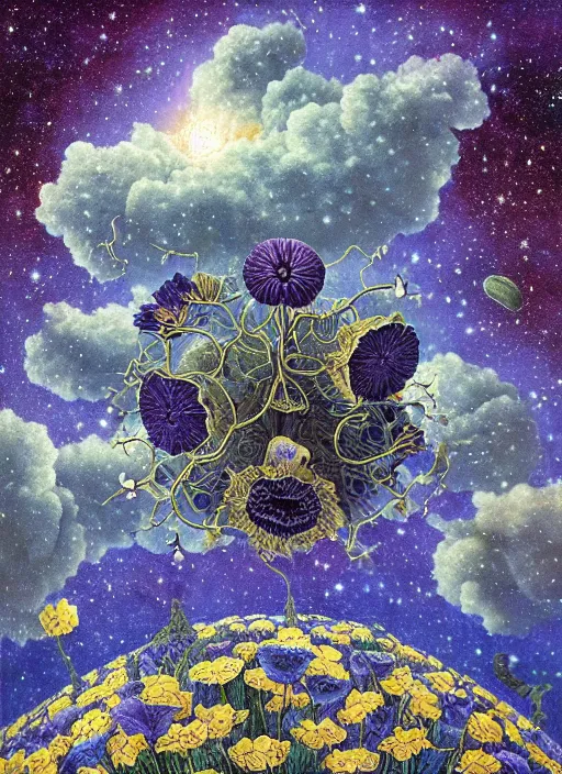 Image similar to detailed, intricate blue black and purple papaverum flower on the field, nebula, galaxy in the sky, winning award masterpiece, fantastically beautiful, illustration, aestheticly inspired, jacek yerka, upscale with anguissola sofonisba work, artstation, 8 k