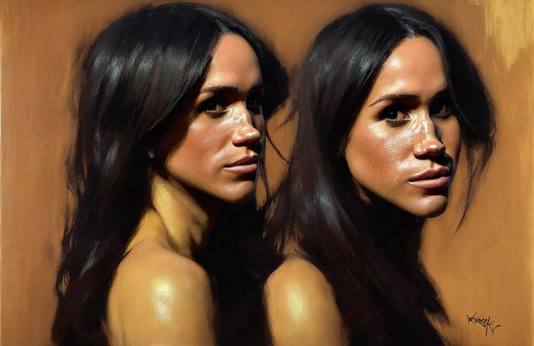 Image similar to portrait of meghan markle!!!!!!!!!!!!!!!!!!!!!!!!!!!, detailed face, detailed painting, epic lighting, by ilya repin, phil hale and kent williams