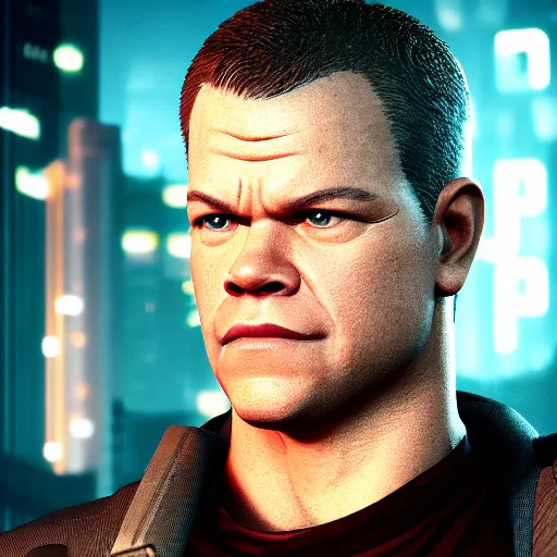 Prompt: matt damon portrait, cyberpunk 2 0 7 7, cyberpunk jackie welles, photorealistic, ultra detailed, neon, octane, bokeh, cinematic lighting, cyber, cyberpunk city, studio quality, feature, scars, cyberface, 8 k