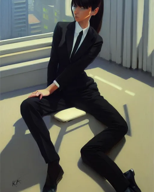 Image similar to a ultradetailed beautiful panting of a stylish woman wearing a black loose fit suit with a tie, oil painting, by ilya kuvshinov, greg rutkowski and makoto shinkai, trending on artstation