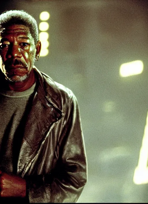 Image similar to a movie still of morgan freeman as rick deckard in blade runner