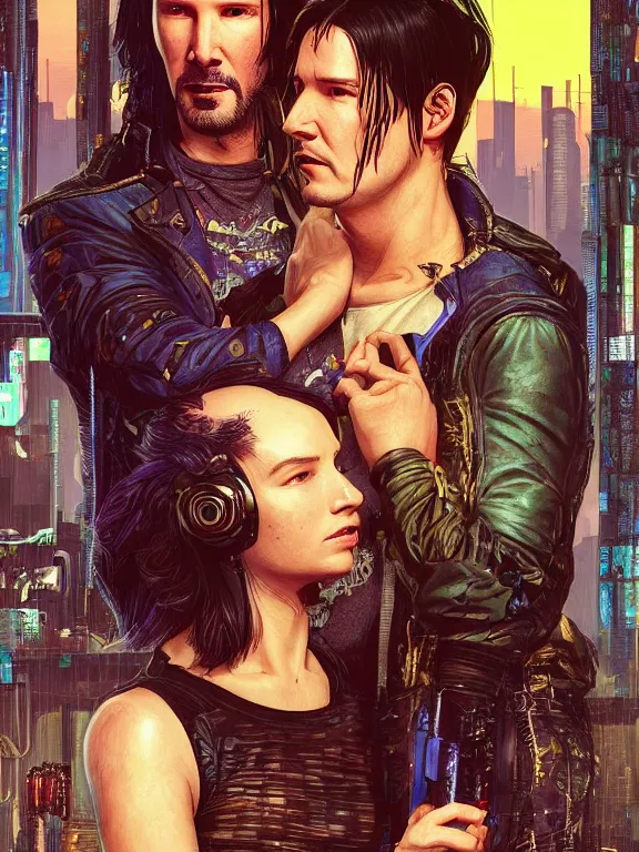 Image similar to a cyberpunk 2077 couple portrait of Keanu Reeves and V began a love story used lots of electric cable connected to giant computer,film lighting,by laurie greasley,Lawrence Alma-Tadema,William Morris,Dan Mumford,trending on atrstation,FAN ART,full of color,Digital painting,face enhance,highly detailed,8K, octane,golden ratio,cinematic lighting