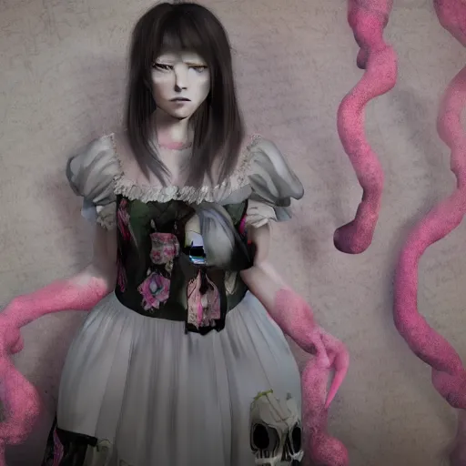 Image similar to 8 k, octane render, realism, tonalism, renaissance, rococo, baroque, cotton candy, portrait of a creepy young lady wearing long - harajuku manga - dress with flowers and skulls