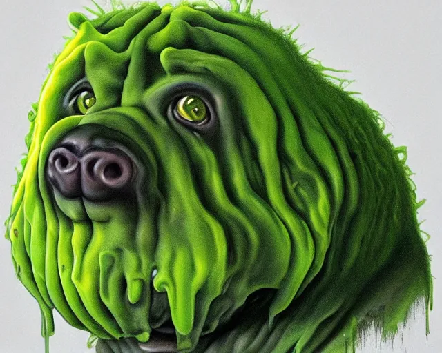 Image similar to Haunting horrifying hyperrealistic detailed painting of a fat dog canine creature made of slime, gelatinous green goop, heavy metal, disgusting, creepy, unsettling, and glowing yellow eyes, hyper detailed, trending on Artstation