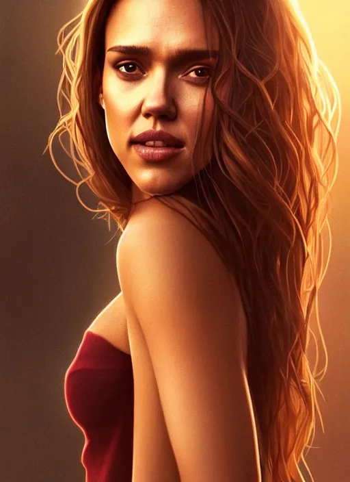 Image similar to half Jessica Alba half Nathalie Portman half scarlett johansonna pure attractive godess, full body portrait, slight smile, diffuse natural sun lights, autumn lights, highly detailed, digital painting, artstation, concept art, sharp focus, illustration, art by wlop and greg rutkowski and alphonse mucha and artgerm