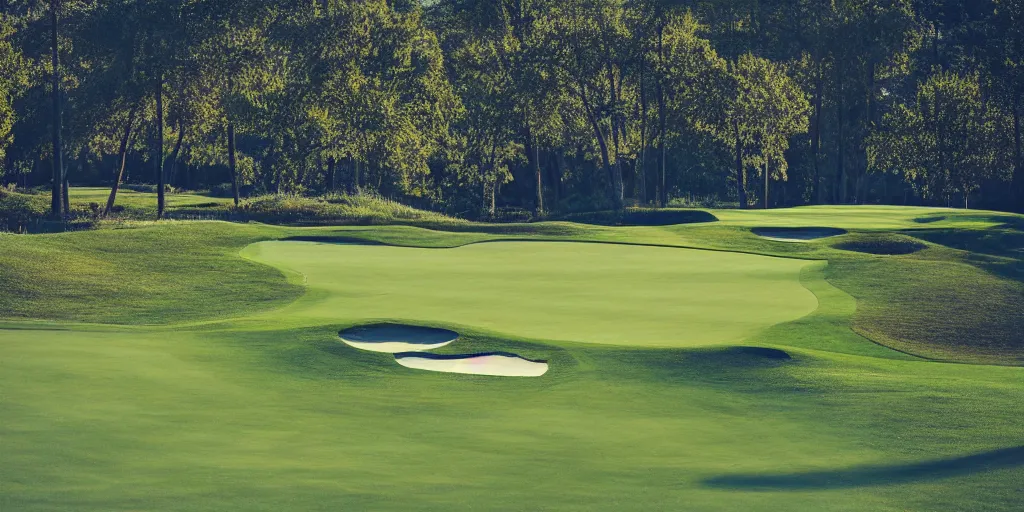 Image similar to a great photograph of the most amazing golf hole in the world completely surrounded by water, calm water, perfect light, ambient light, miniature, tilt shift lens, golf digest, top 1 0 0, fog