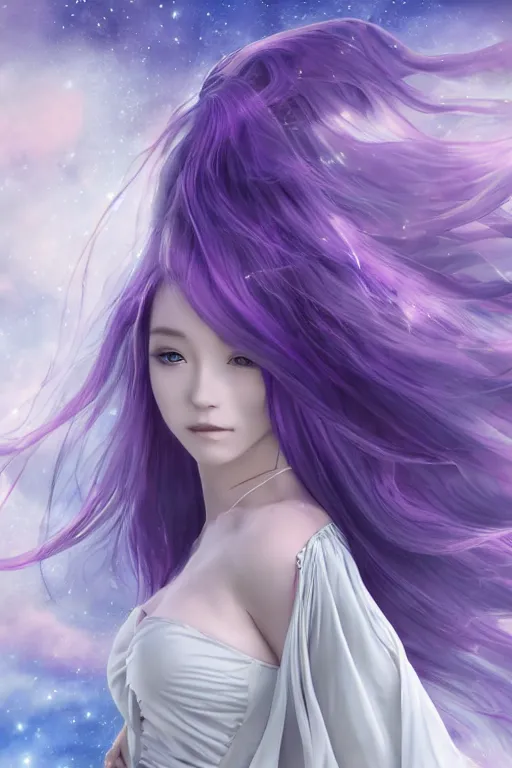 Prompt: 4k detailed portrait of a beautiful intimate woman with long purple cosmic hair and a beautiful celestial dress, by Miho Hirano and viktoria gavrilenko. Anime, volumetric lighting