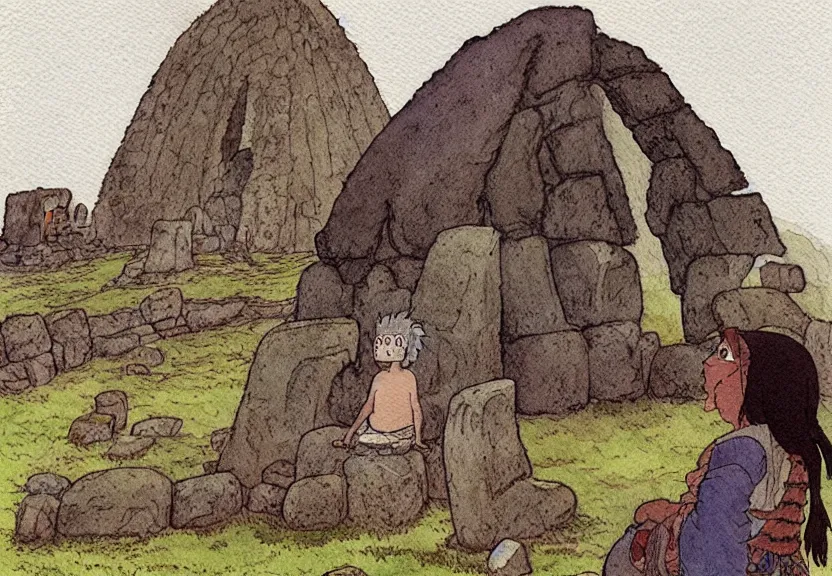 Prompt: a simple watercolor studio ghibli movie still fantasy concept art of a giant native american man sitting on a tiny stonehenge in machu pichu. it is a misty starry night. by rebecca guay, michael kaluta, charles vess