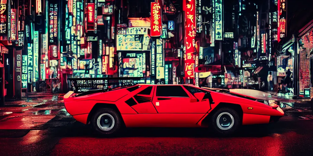 Image similar to photo lamborghini countach parked in a rainy neo tokyo street at night with neon light signs illuminating the scene, moody, hdr, 4 k