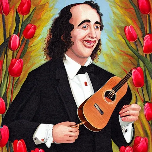 Prompt: full head portrait of Herbert Buckingham Khaury known as tiny tim holding his ukelele wearing a plaid suit, long curly black hair, large nose, digital art tulips