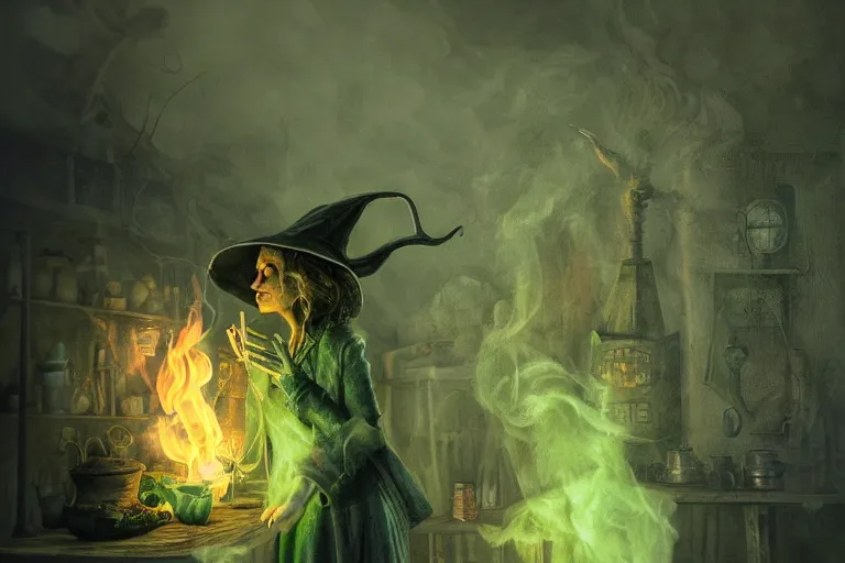 Image similar to close shot of a witch brewing in her lair, depressing, gloomy, tired, detailed, witch hat, dungeon, green smoke, fire, smoke, realism, realistic, hyper detailed, green lighting, ambient lighting, smoke, haze, bokeh, acrylic, digital painting,