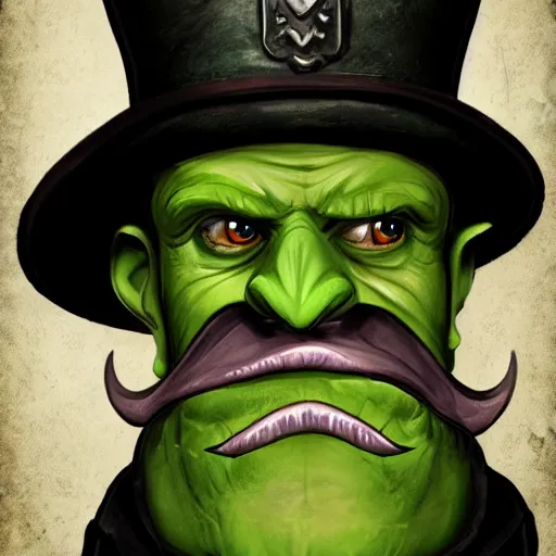 Image similar to a cartoonishly evil goblin, supervillain, top hat and luxurious moustache, green skin d & d character portrait, victorian clothing, digital art, 8 k,