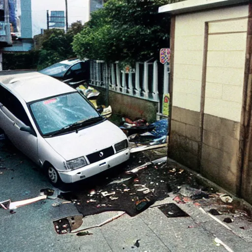 Prompt: a photo of a 1 9 9 9 daihatsu move crashed into a wall with major damage. more 9 0 s japanese cars pass behind the crashed car.