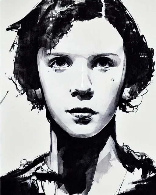 Image similar to portrait of millie bobby brown by yoji shinkawa, black and white