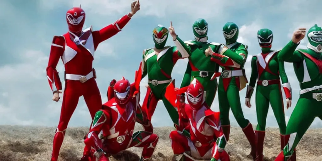 Prompt: realistic scene of red and green power rangers in war, ultra realistic, 8 k