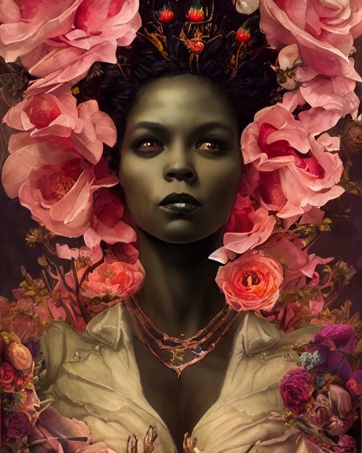 Image similar to portrait of the black queen of the underworld, surrounded by flowers by karol bak, james jean, tom bagshaw, rococo, sharp focus, trending on artstation, cinematic lighting, hyper realism, octane render, 8 k, hyper detailed.