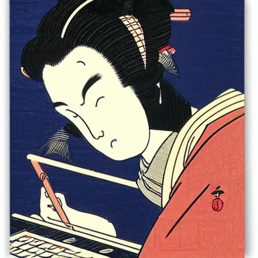 Prompt: a guy typing in a computer, by Hokusai