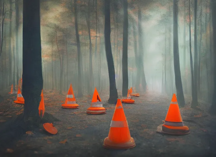 Image similar to a few orange safety cones in a beautiful strange forest, cinematic painting by james jean, atomspheric lighting, moody lighting, dappled light, detailed, digital art, limited color palette, wes anderson, 2 4 mm lens, surreal