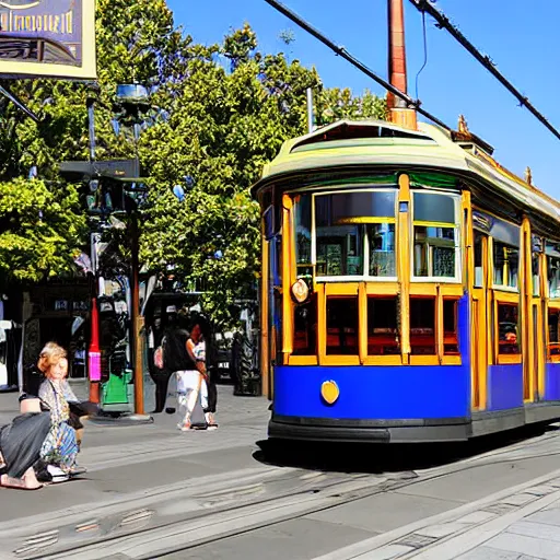 Image similar to on holiday in christchurch new zealand tram painted by alphonse mucha cashel mall hagley park daffodils high quality 8 k render digital fantasy art beautiful stunning. gondola. warm tone. tourism intricate. ornate. wonderful. utopia.