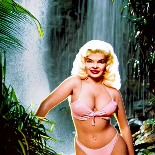 Image similar to a very beautiful sundance award winning image of jayne mansfield under a tropical waterfall, full body, pale pink bikini, pink lipstick, detailed face, cinematic lightning, golden hour, medium shot, alexa mini, cryengine, raytracing, 4 k, cinematic wallpaper by gil elvgren, robert maguire, rudolf belarski
