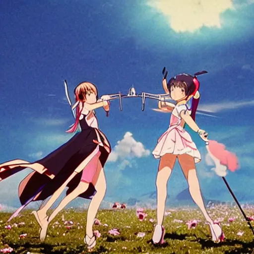 Prompt: a battle of two real-life mahou shoujo girl in the sky, still of an epic japanese movie scene