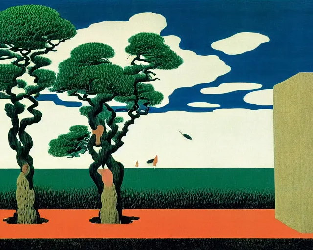 Image similar to deforestation by Magritte, Hokusai, and Rothko