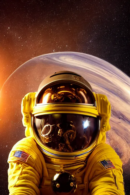 Prompt: extremely detailed studio portrait of space astronaut, tentacle coming out of mouth, helmet is off, helmet i in lap, full body, soft light, golden glow, award winning photo by nasa