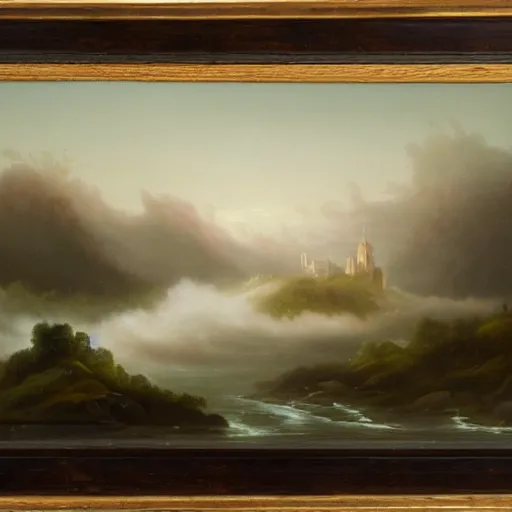 Image similar to an impossibly large tower rising from a sea of mist,evocative,romanticism landscape painting