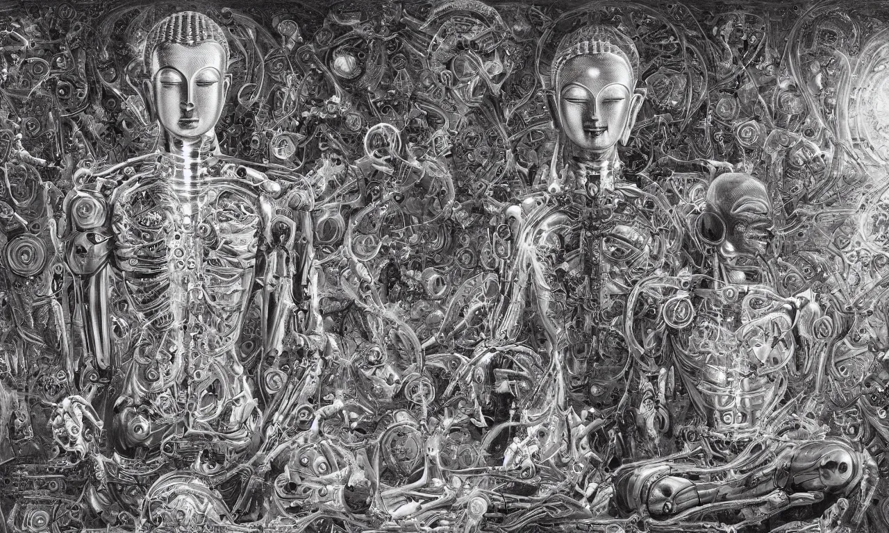 Prompt: a biomechanical android alien robot female buddha teaching humans on enlightenment, concept art, intricate detail, volumetric shadows and lighting, oil painting by alex grey and gustave dore,