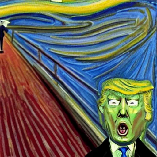 Prompt: donald trump as edvard munch's the scream, van gogh's the starry night in the background