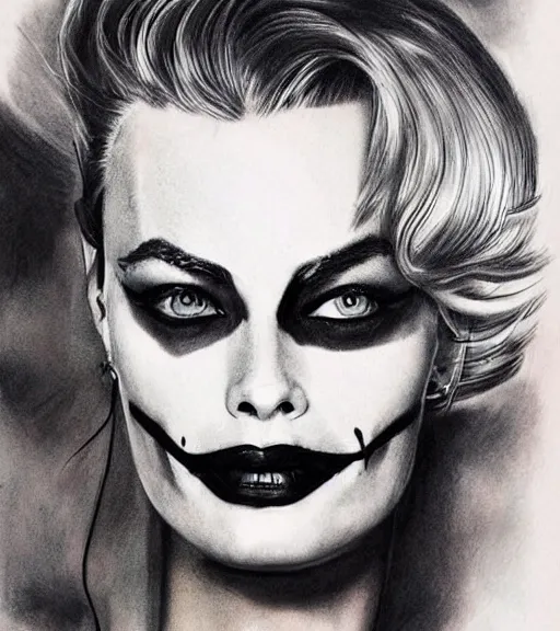 Prompt: tattoo design sketch of beautiful margot robbie portrait with joker makeup, in the style of den yakovlev, realistic face, black and white, realism tattoo, hyper realistic, highly detailed, award winning drawing