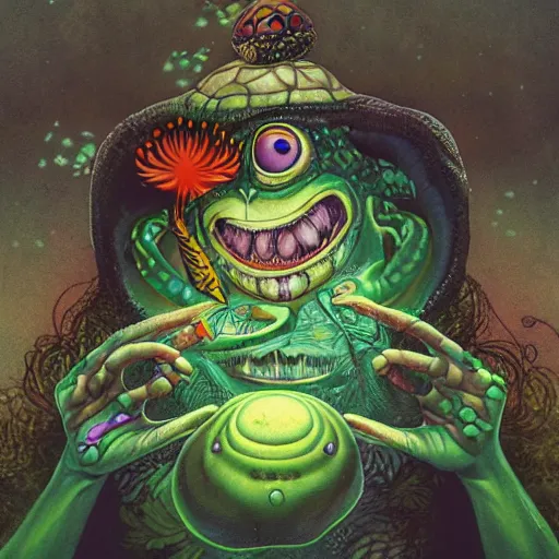 Prompt: A centered chest up portrait of a psychedelic shaman-like anthropomorphic frog smoking a hand-rolled cigarette smoking heavily , magic mushroom village in background . award winning. superb resolution. in the art style of junji Ito and greg rutkowski . Detailed Mushroom city in background. Hyper realistic anime. Perfect art. Dalle2
