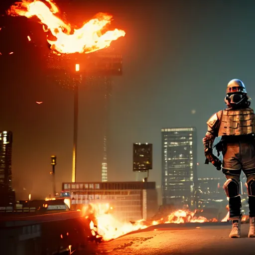 Image similar to An Armored soldier riding a hoverboard with several buildings on fire behind him, cinematic lighting, highly detailed, 8k octane render