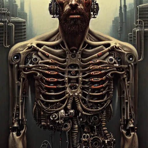 Image similar to ultra realist intricate detailed horror painting of a single rugged cyborg male, bearded face and cyborg tech on body and legs, symmetry accurate features, cyberpunk, industrial, apocalyptic, very intricate details, focus, high resolution, 8 k resolution, dramatic lighting, artstyle alex ries and zdzisław beksinski, award winning