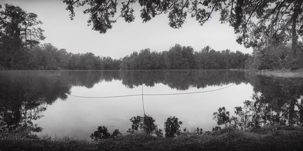Image similar to photograph of a long rope floating on the surface of the water, the rope is snaking from the foreground stretching out towards the vortex sinkhole center of the lake, a dark lake on a cloudy day, mood, trees in the background, anamorphic lens