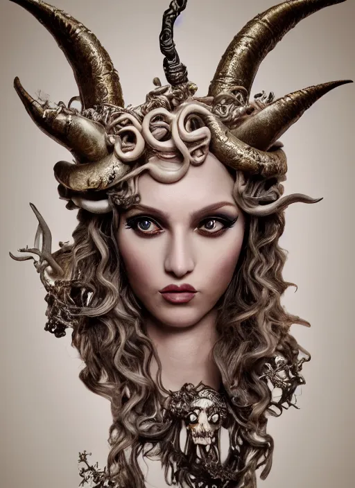 Prompt: a portrait of medusa, goddess by candy makeup, photorealistic, intricate details, hyper realistic, fantasy, elegant, baroque, horn, ram skull headpiece, photorealistic, photography, symmetrical features, symmetrical pose, wide angle shot, feet on the ground, wearable art, unreal engine