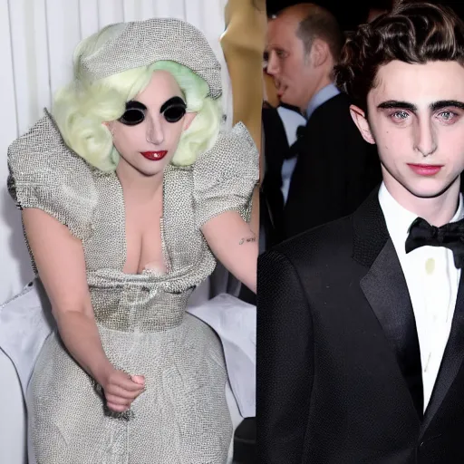Image similar to timothee chalamet and lady gaga meet eachother, highly beautiful faces, highly detailed