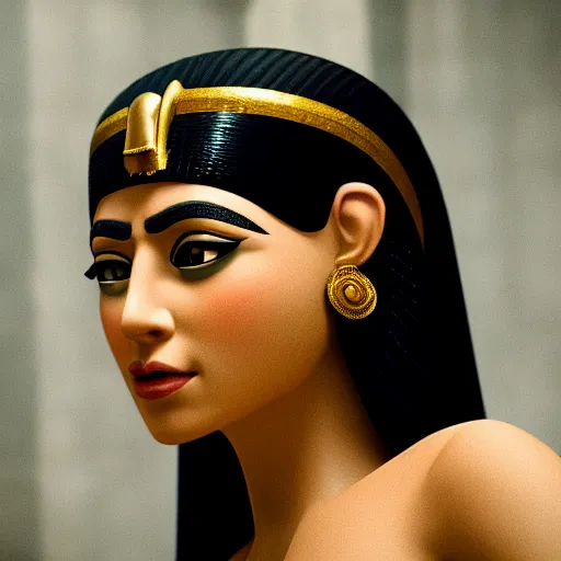 Image similar to cleopatra in a cinematic closeup. egyptian royal chamber. canon eos c 3 0 0, ƒ 1. 8, 3 5 mm. 8 k. medium - format. inspired by roger deakins cinematography, photorealistic