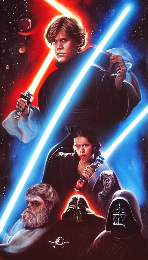 Prompt: poster artwork for the lost jedi star wars unreleased film from 1 9 8 6 featuring portraits luke skywalker, princess leia and han solo montage, an evil female sith lord looms in the background, planets and space battle, moody painting by drew struzan, beautiful backlit, epic award winning, artstation, extremely detailed, photorealistic, 4 k